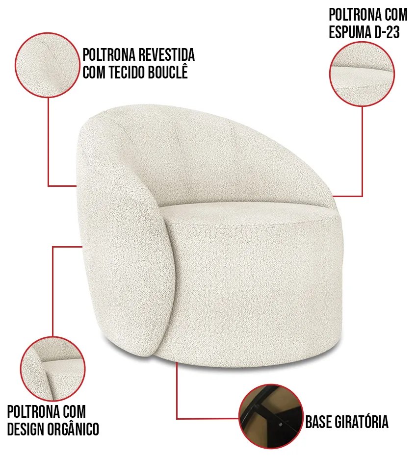 Sofá 3 Lugares Orgânico 180cm Morgan e 2 Poltronas Lua Bouclê Off White D03 - D'Rossi