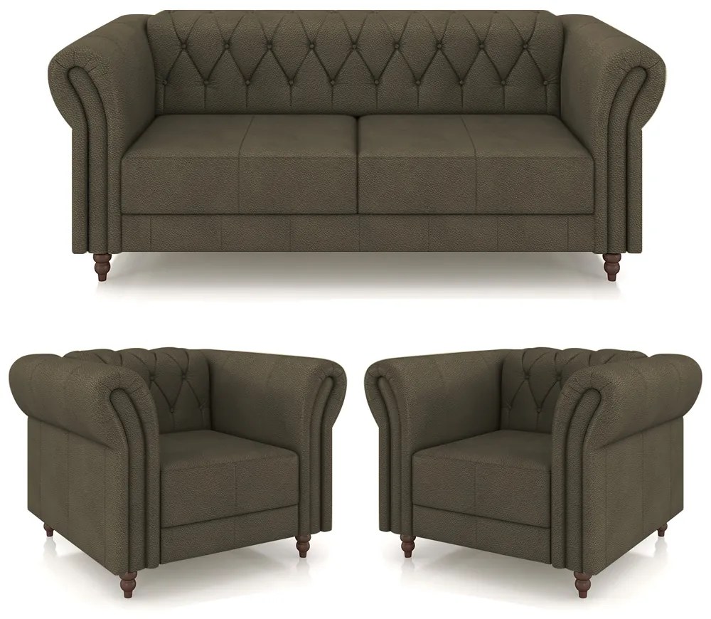 Conjunto Sala de Estar 1 Sofá Living 200cm e 2 Poltronas Stanford Chesterfield Pés Madeira Couro Capuccino G58 - Gran Belo