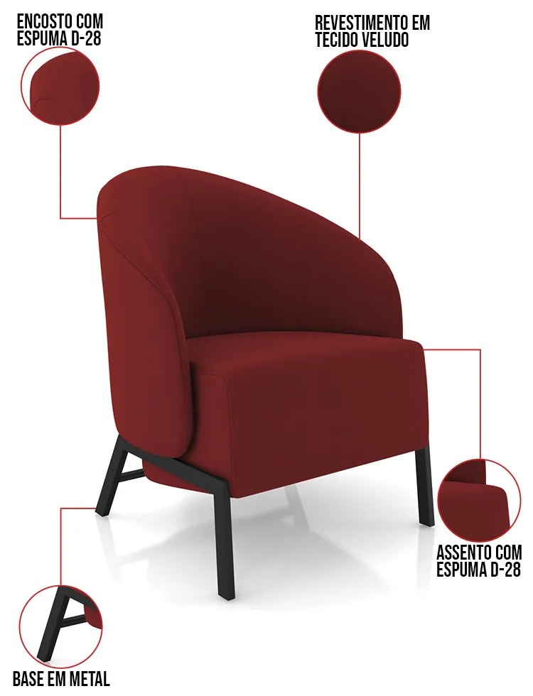 Poltrona Sala de Estar Base Industrial Luar Veludo Vermelho K01 - D'Rossi