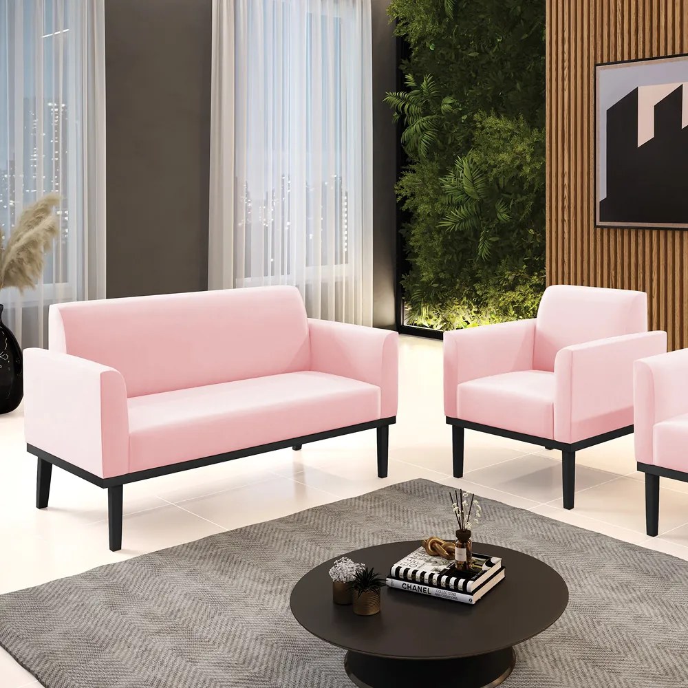 Conjunto Poltrona e Namoradeira Decorativa Isabella Pés Fixo em Madeira Preto Suede Rosa Bebê G19 - Gran Belo