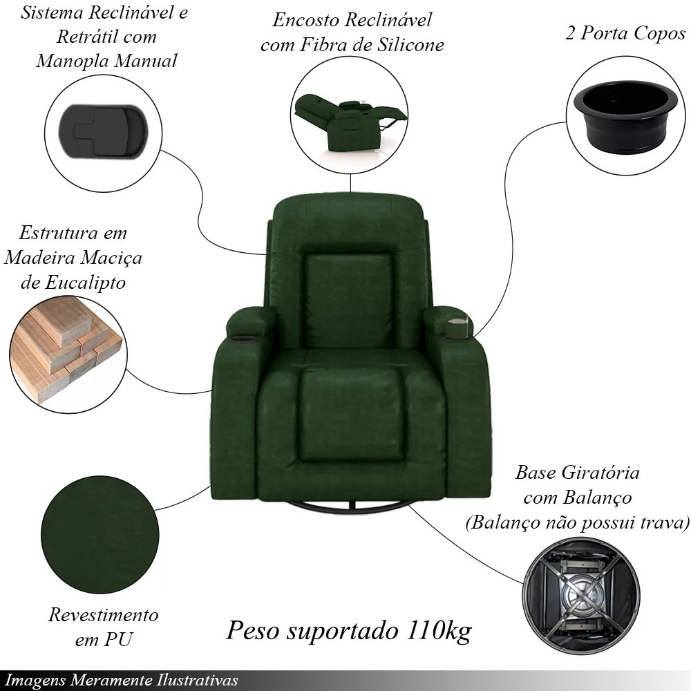 Poltrona do Papai Reclinável Giratória e Balanço Sala de Cinema Crihs Manual Glider PU Verde G23 - Gran Belo