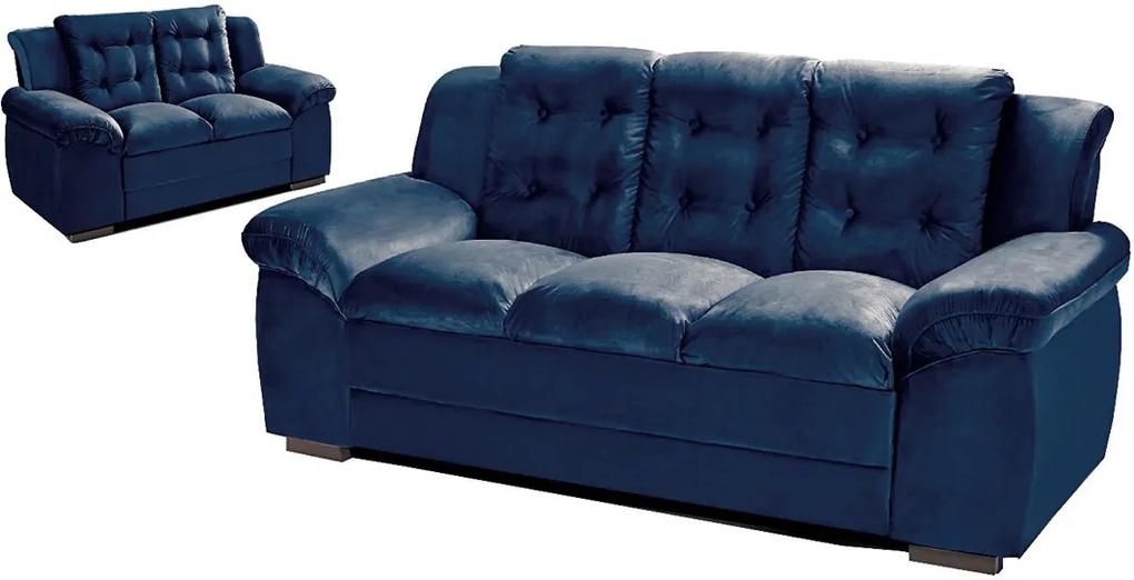 Conjunto de Sofá com Fibra no Assento e Encosto Granada 3 e 2 Lugares Tecido Suede Azul - Umaflex