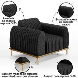 Poltrona Decorativa Base Gold Molino D06 Linho D-465 Chumbo  - Mpozena