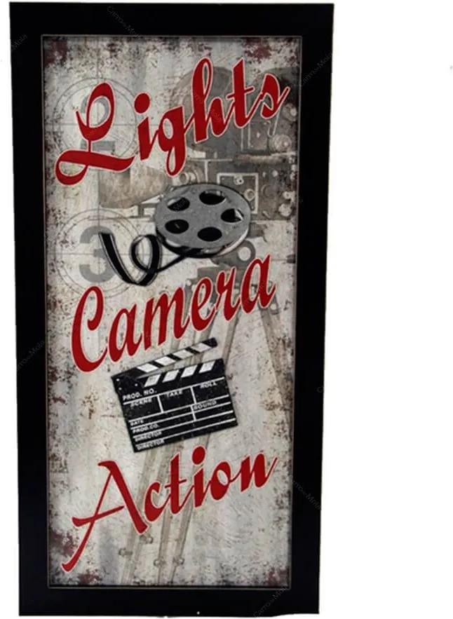 Quadro Lights Camera Preto e Branco em Madeira - 70x35 cm