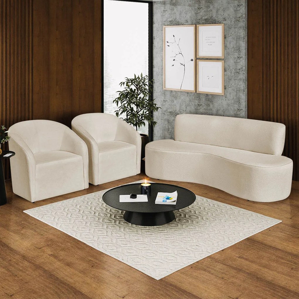 Kit Sofá Curvo Amsterdã 140cm e 2 Poltronas Luiza Max Bouclé