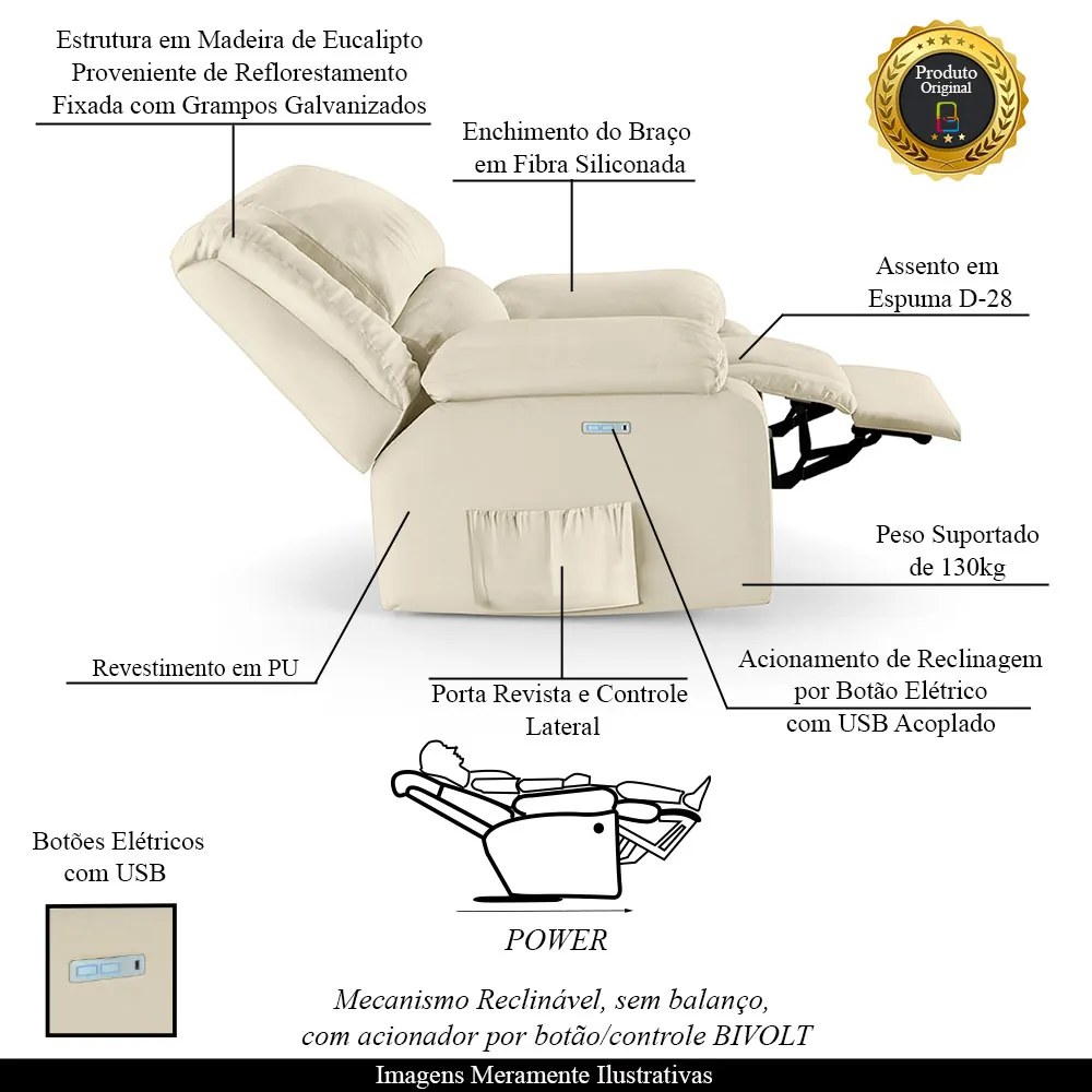 Poltrona do Papai Reclinável Melim Elétrica LED PU Bege FH1 - D'Rossi
