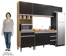 Cozinha Modulada 4 Peças Balcão com Pia 120cm Andréia Amêndoa/Preto -