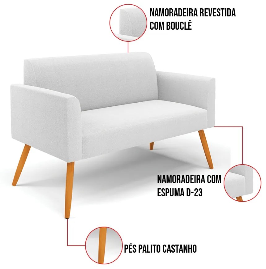 Namoradeira e 2 Poltronas Pé Palito Castanho Marisa Bouclê D03 - D'Rossi - Off White