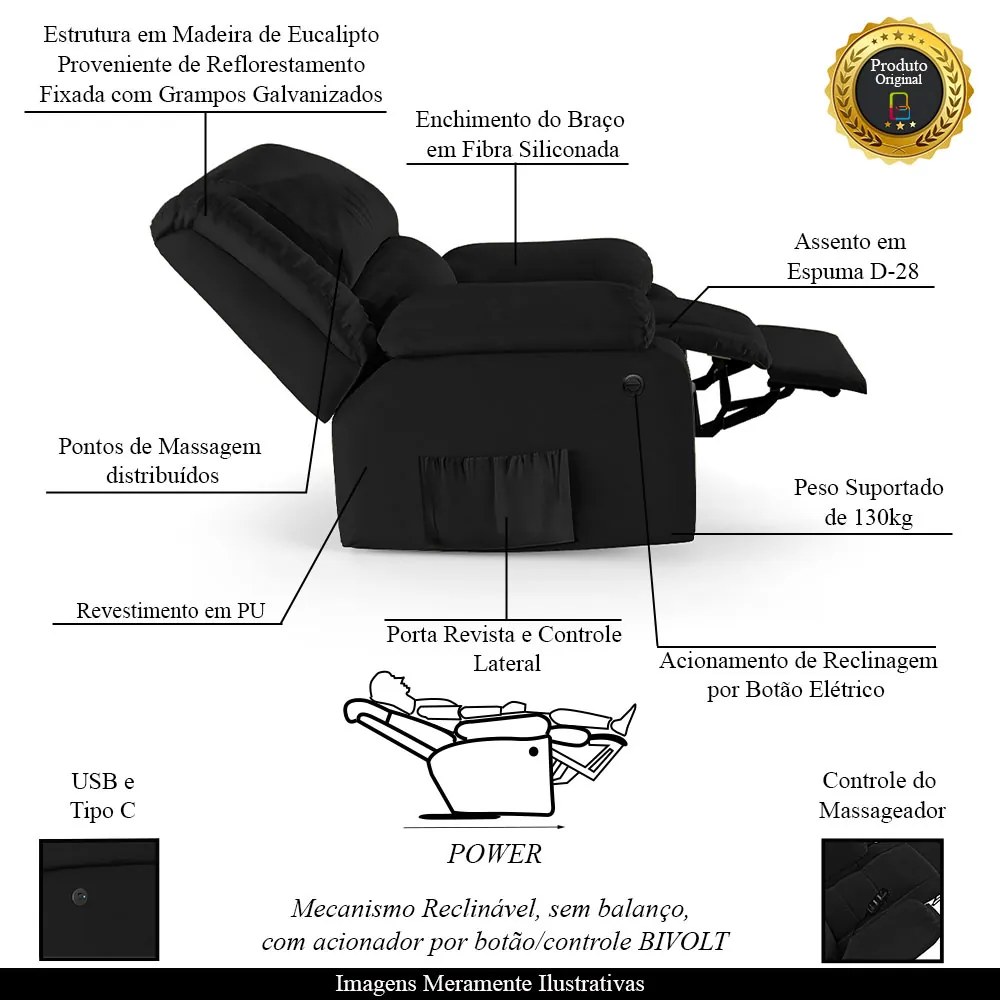 Poltrona do Papai Reclinável Melim Power Elétrica Massagem PU Preto F FH1 - D'Rossi