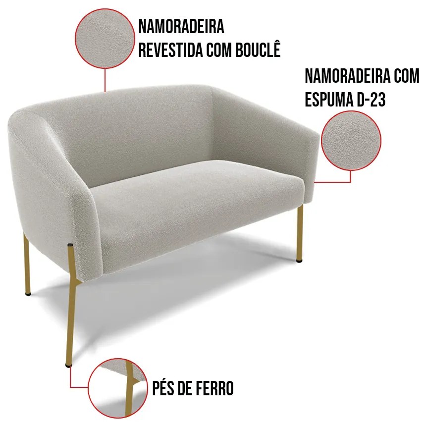 Namoradeira e 2 Poltronas Pé Ferro Dourado Stella Bouclê D03 - D'Rossi - Cinza