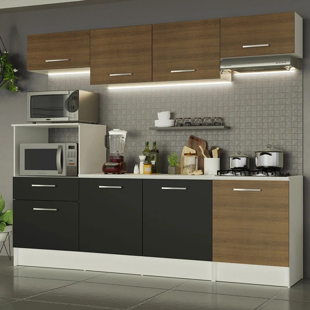Cozinha Completa Madesa Onix 240003 com Armario e Balcão Branco/Rustic/Preto 097K Cor:Branco/Rustic/Preto