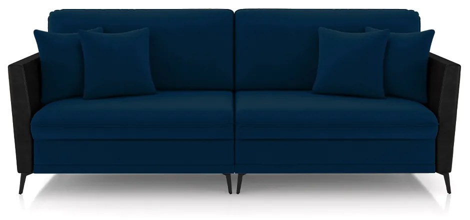 Sofá Living Decorativo Zagreb 3 Lugares 262cm com Almofadas Pés de Ferro Veludo/PU Azul/Preto G33 - Gran Belo