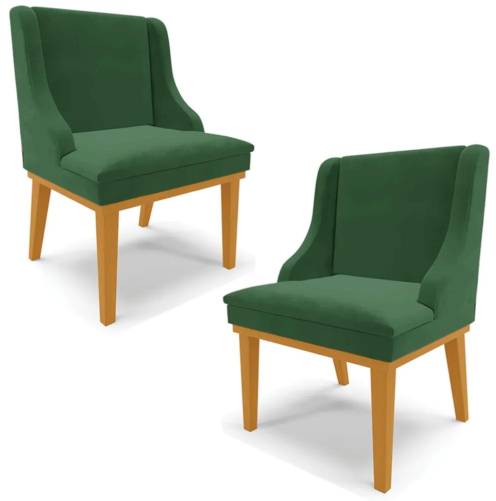 Kit 2 Cadeiras Decorativas Sala de Jantar Base Fixa de Madeira Firenze Veludo Verde Esmeralda/Castanho G19 - Gran Belo