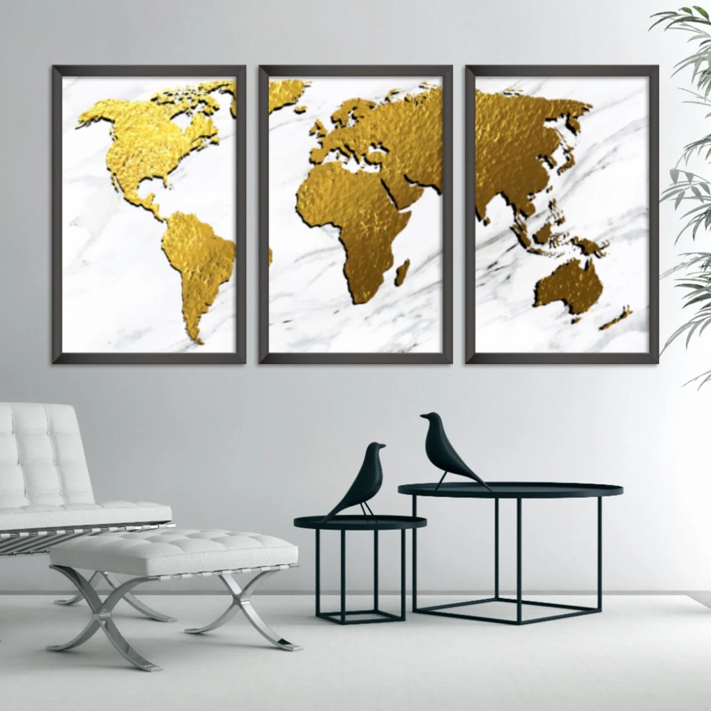 Quadro 60x120cm Mapa Mundi Dourado Moldura Sem Vidro Fundo Branco Altas Países Decorativo Interiores - Oppen House