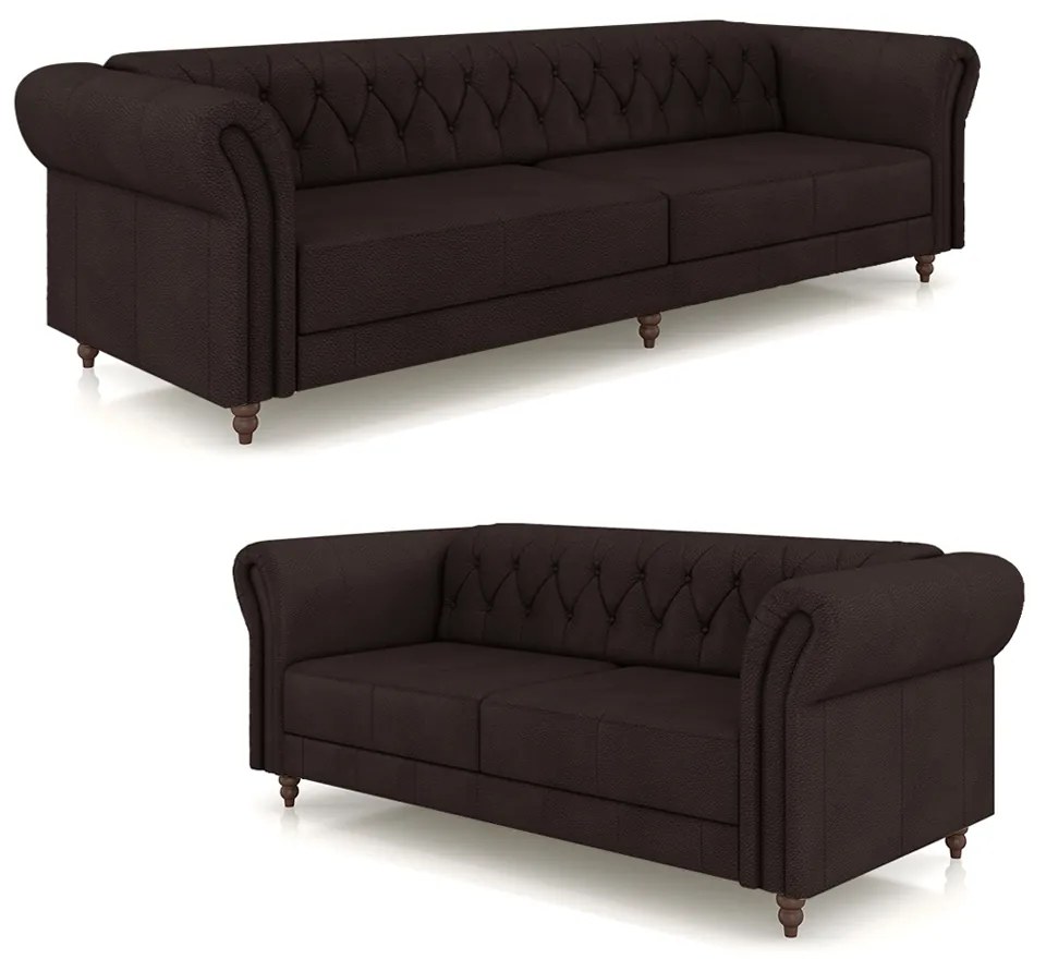 Conjunto de Sofá Sala de Estar Stanford Chesterfield 2 e 3 Lugares 200cm/240cm Pés Madeira Couro Marrom G58 - Gran Belo