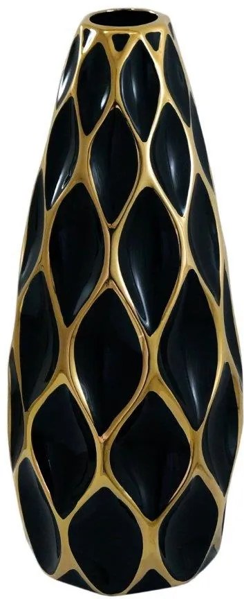 Vaso Decorativo Preto com Detalhes em Dourado - 48x17x17cm