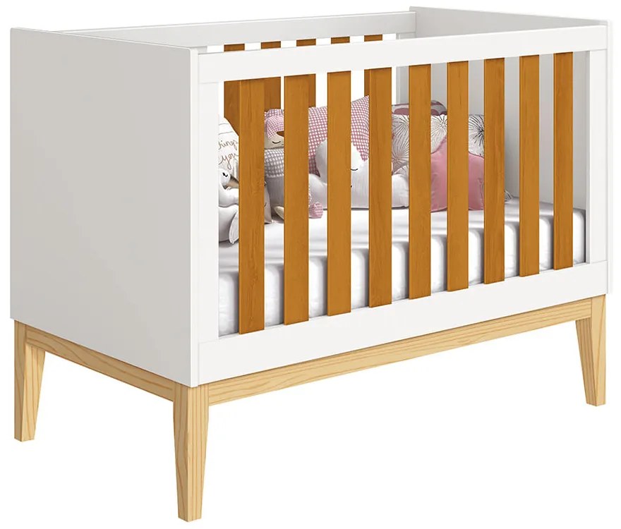 Berço Mini Cama Noah Square com Pés em Madeira Natural – Branco e Savana