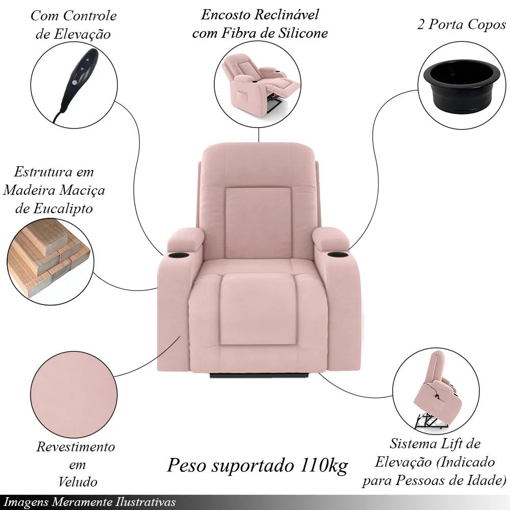 Poltrona do Papai Reclinável Sala de Cinema Crihs Elétrica Lift Elevação Veludo Rosê G23 - Gran Belo