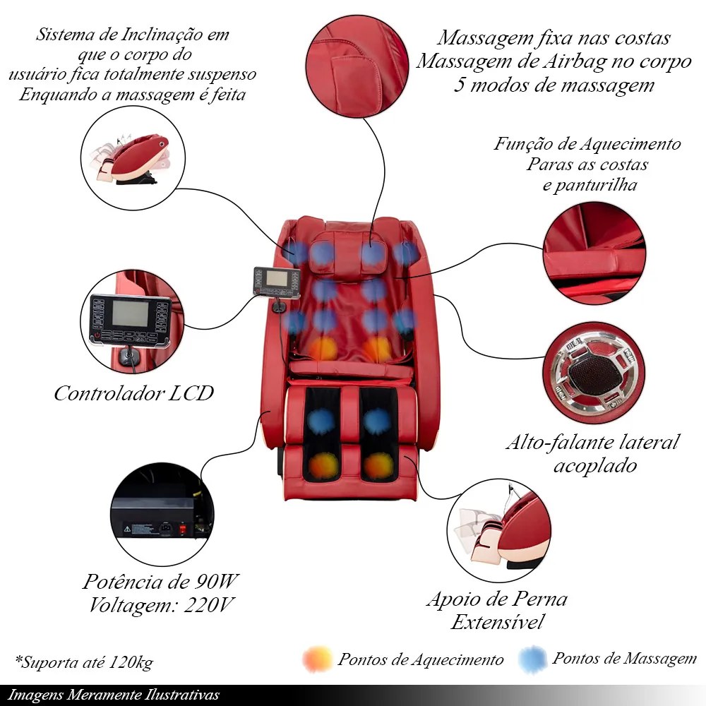 Poltrona Massagem 3D Brian Reclinação Gravidade Zero Aquecimento Controle LCD Bluetooth 220V Vermelho G31 - Gran Belo