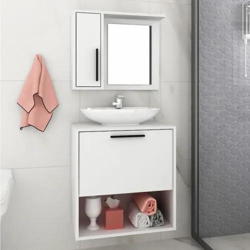 Conjunto Banheiro Balcão 1 Porta 1 Nicho e Aéreo Espelho BRV - Branco
