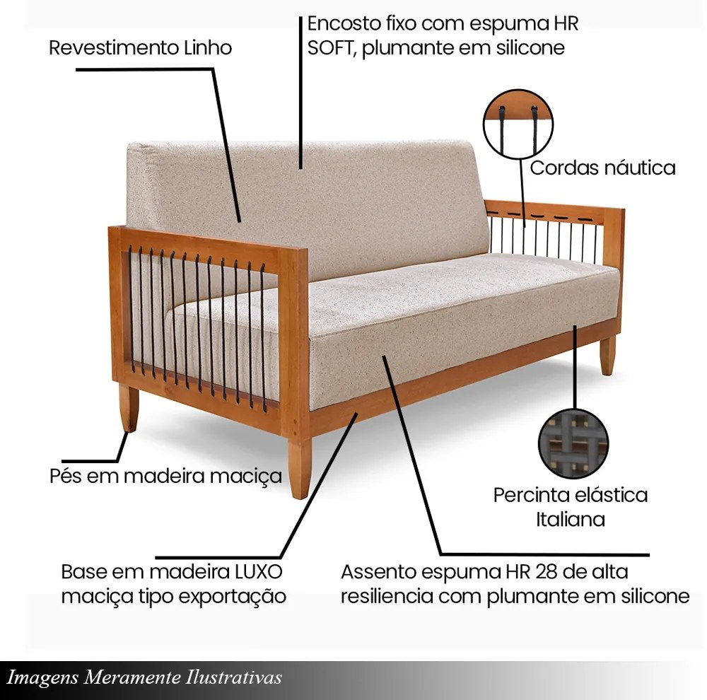 Conjunto Sofá Namoradeira e Poltrona Sala de Estar Pés Madeira Maciça Corda Náutica Preta Manila Linho Areia Rústico G63 - Gran Belo