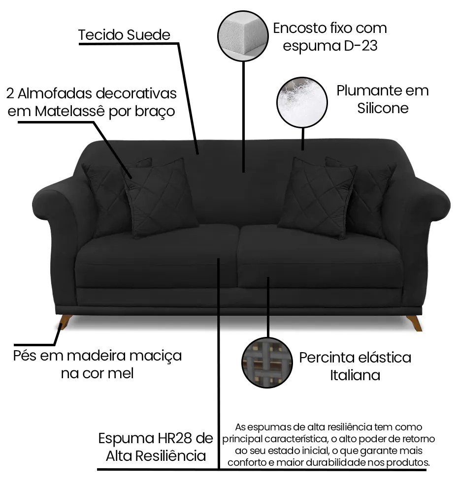 Sofá 2 Lugares Pé de Madeira Julieta 180 cm Suede S04 - D'Rossi - Preto