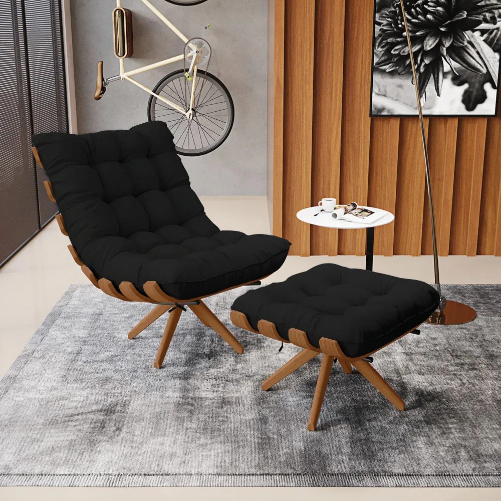 Poltrona com Puff Giratório Costela Linho Preto Base de Madeira MA30 M11 - D'Rossi