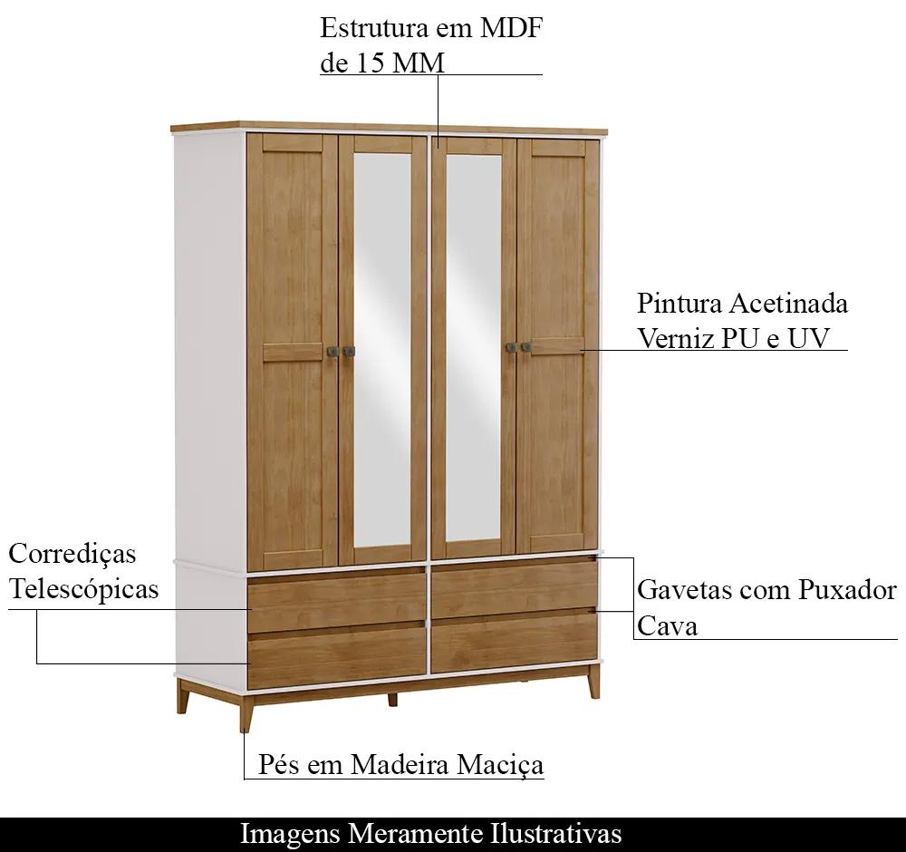 GuardaRoupa Decorativo Every Madeira Bipartido 4 Portas com Espelho OffWhite/Freijó G74 - Gran Belo