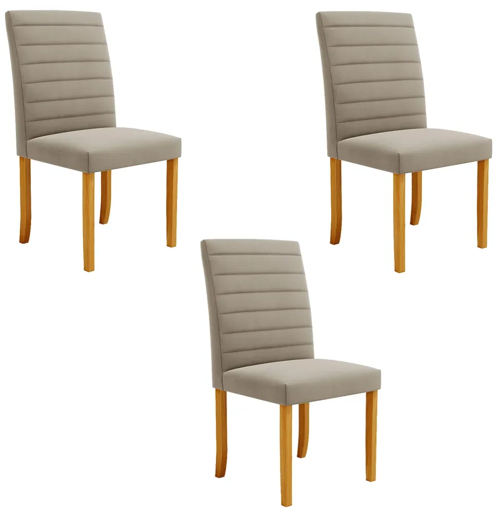 Kit 3 Cadeiras de Sala de Jantar Estofadas Veiga Madeira Maciça Suede Bege G78 - Gran Belo