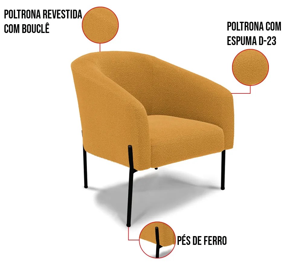 Sofá Namoradeira e 2 Poltronas Pé Ferro Pto Stella Bouclê Mostarda D03 - D'Rossi