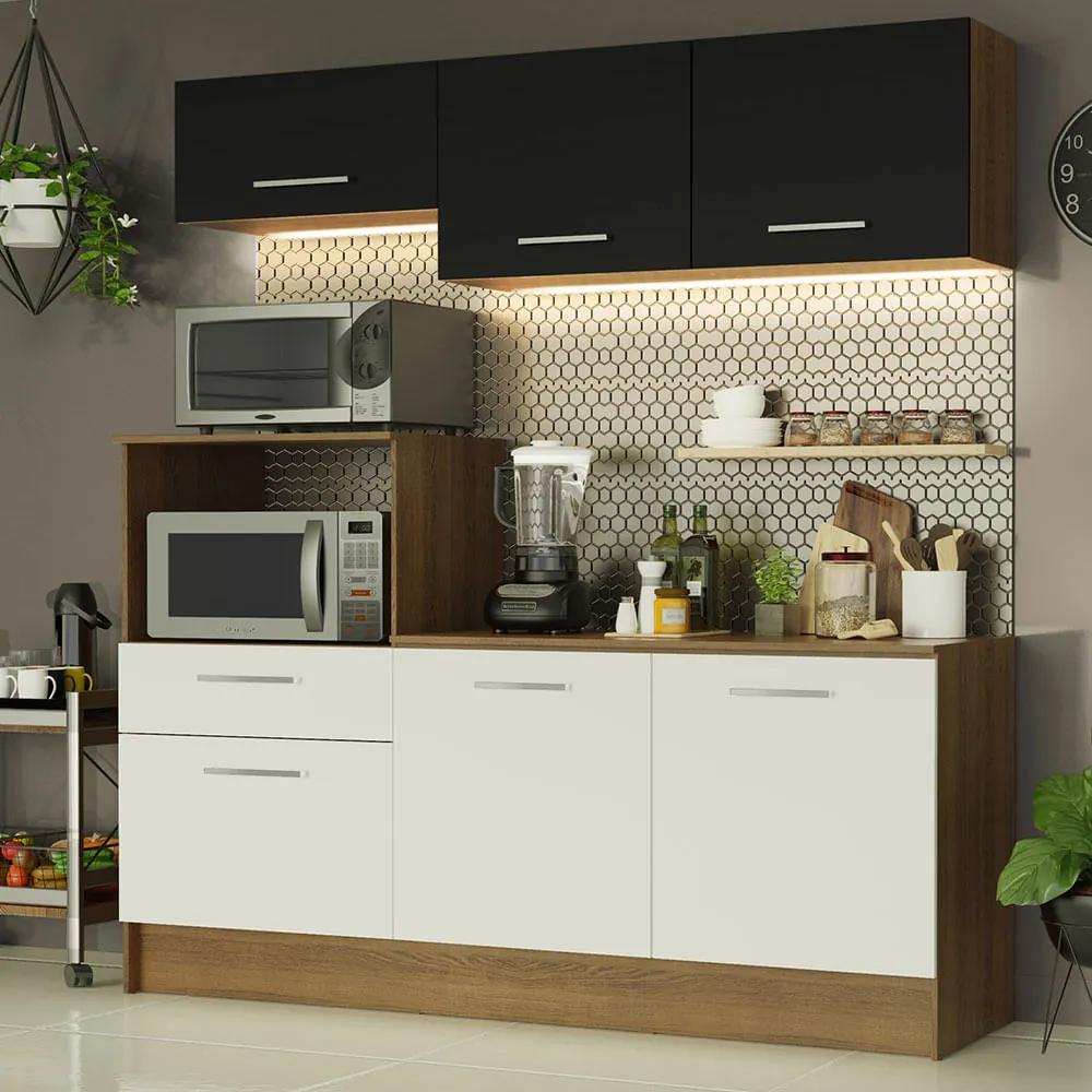 Cozinha Compacta Madesa Onix 180001 com Armário e Balcão Rustic/Branco/Preto 5Z73 Cor:Rustic/Branco/Preto