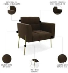 Poltrona Para Sala Pé Metal Dourado Kit 2 Ana Suede Marrom - Ibiza