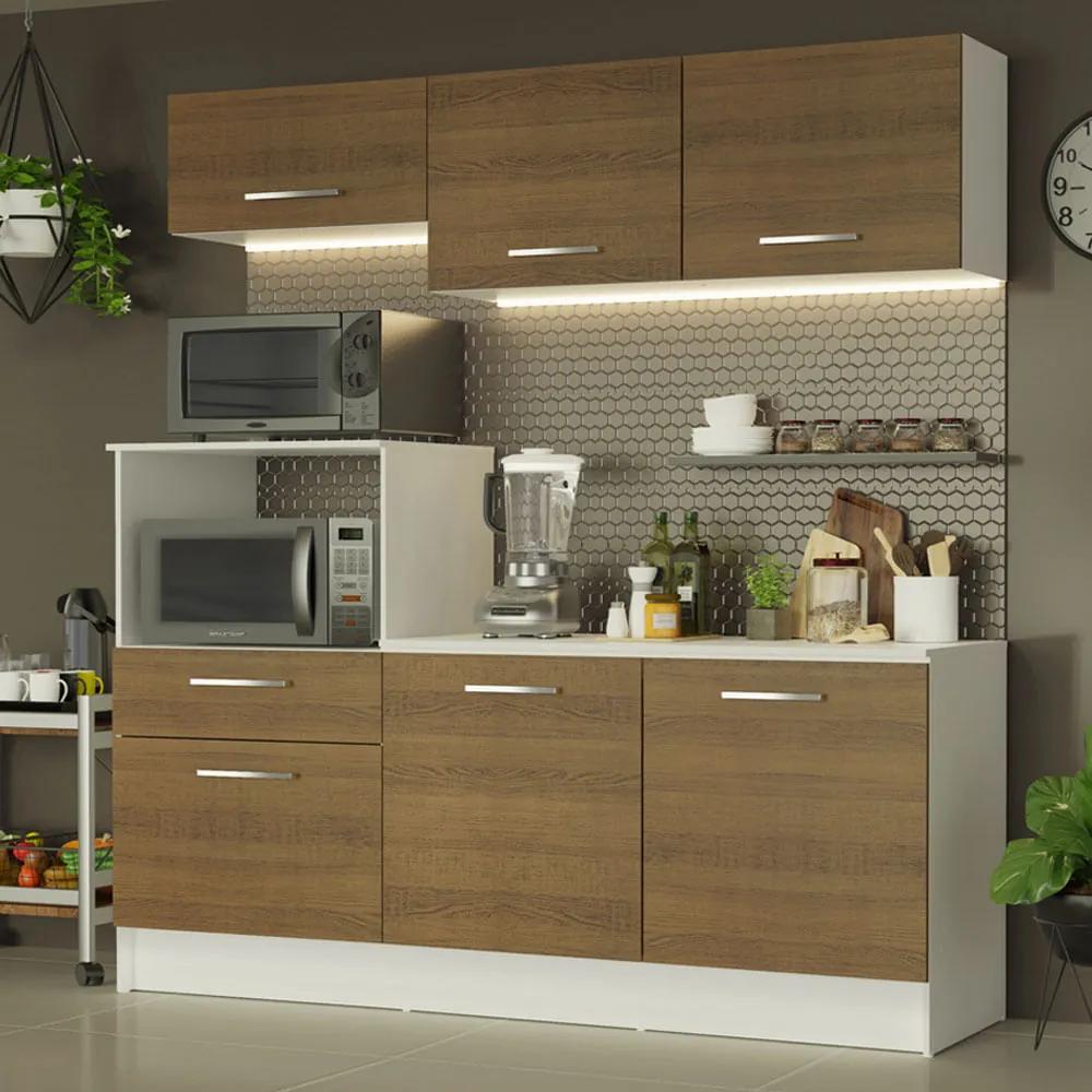 Cozinha Compacta Madesa Onix 180001 com Armário e Balcão Branco/Rustic 9B Cor:Branco/Rustic