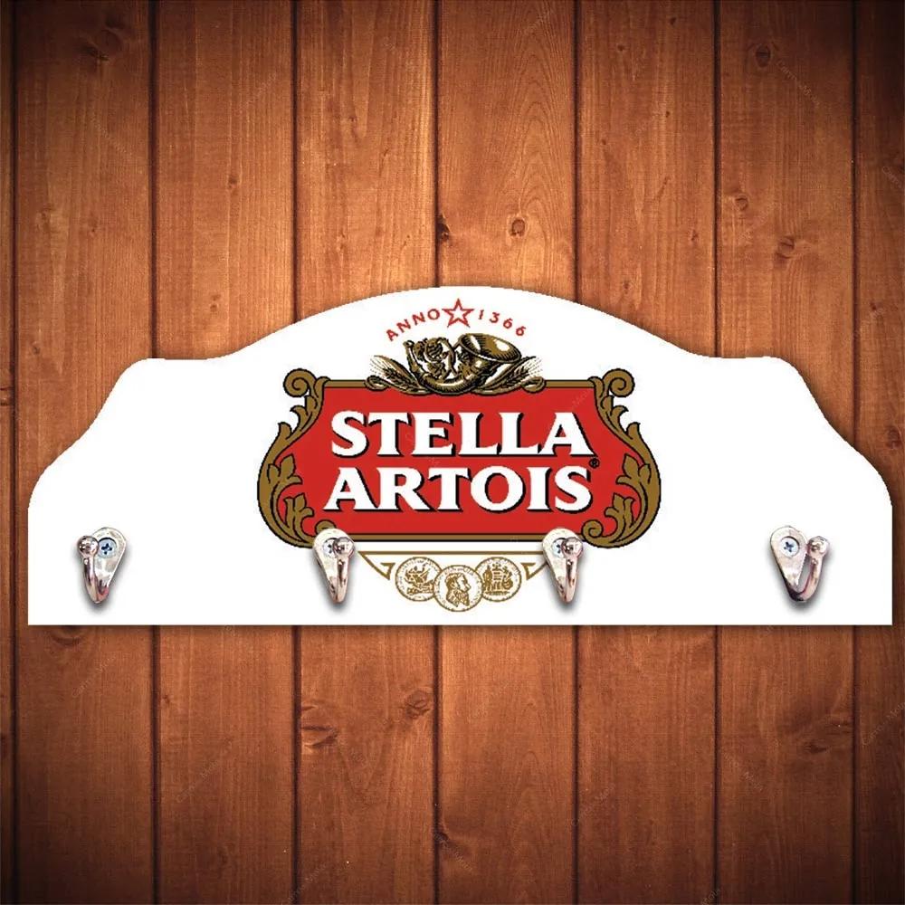 Cabideiro Cerveja Stella Artois Branco - 4 Ganchos - em Madeira