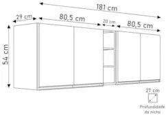 Armário de Cozinha Aéreo Califórnia 180cm Kit 2 com Nicho Adega Preto/