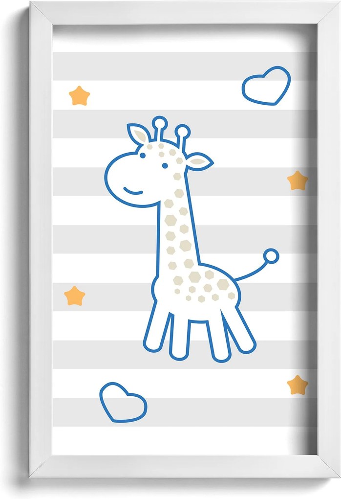 Quadro Infantil Girafa Azul 22x32cm Moldura Branca