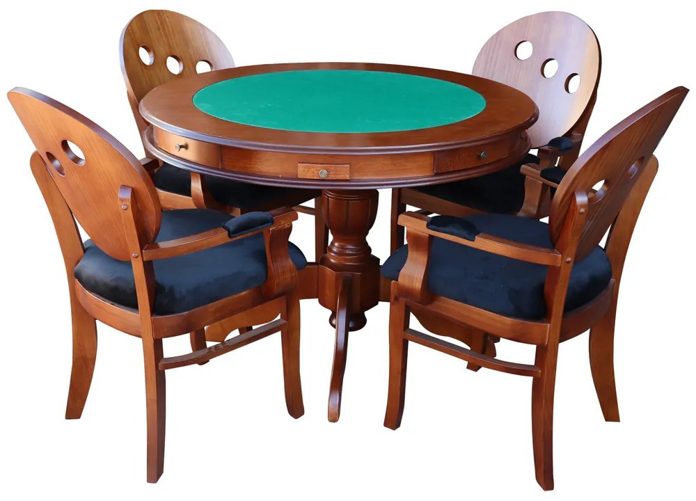 Conjunto Mesa e Poltrona de Jogos Carteado 4 Lugares J-Bonomo e Teseu Redonda Tampo Reversível com Gavetas e Porta Copos Imbuia G08 G42 - Gran Belo