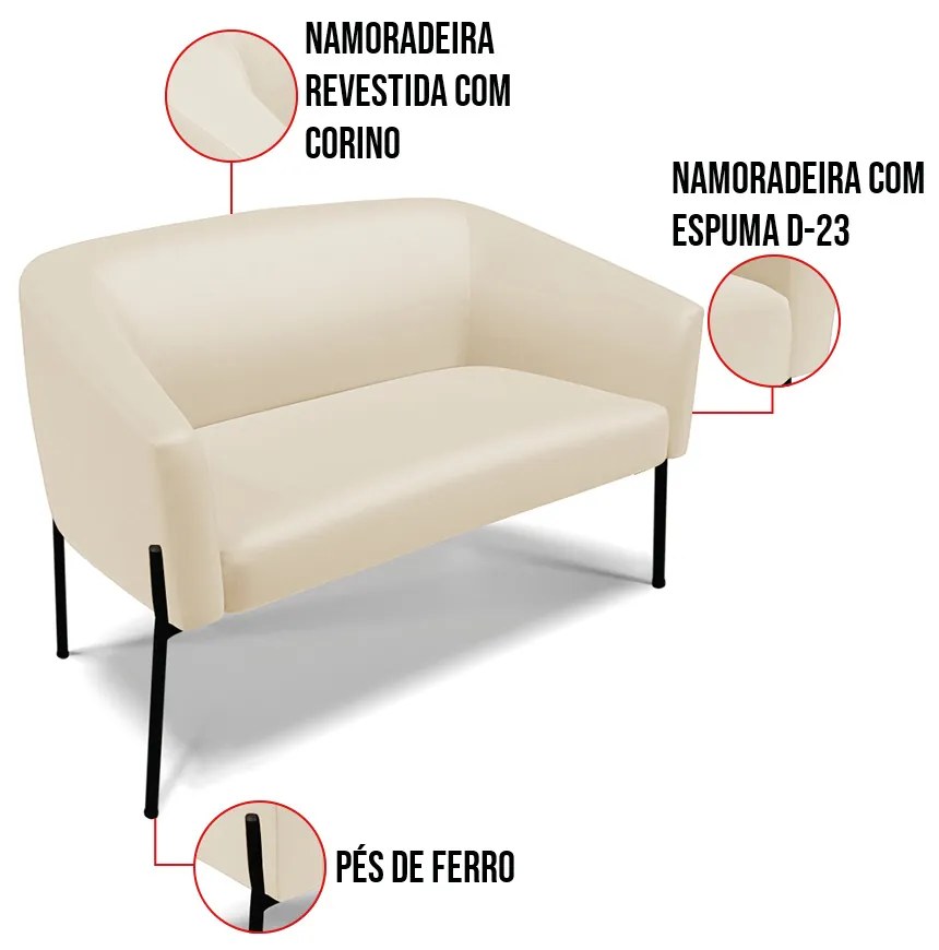 Sofá 2 Lugares Namoradeira Pé de Ferro Preto Stella Sintético D03 - D'Rossi - Bege