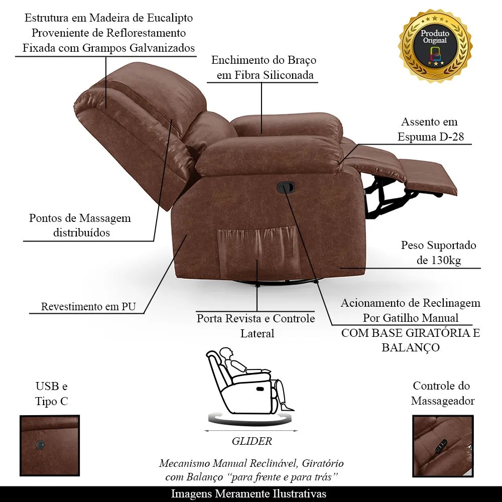 Poltrona do Papai Reclinável Sala de Cinema Madrid Glider Manual Giratória Massagem USB PU Marrom Brilho  G23 - Gran Belo