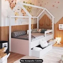 Cama Infantil Casinha Com 2 Gavetas Infix C06 Branco/Rosa - Mpozenato