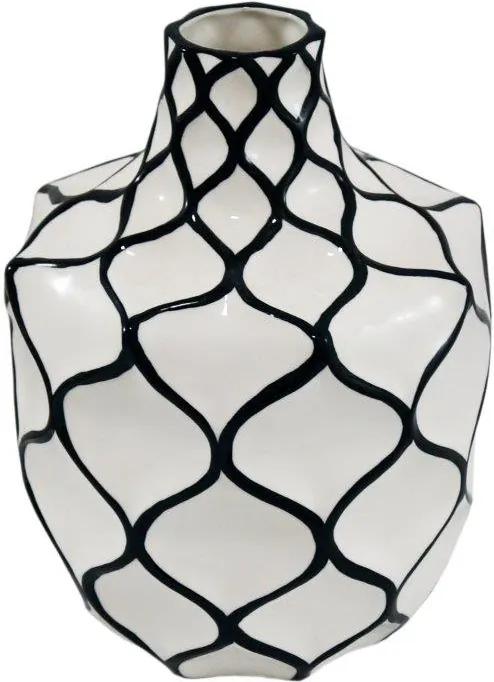 Vaso Decorativo Branco com Detalhes em Preto - 23x18x18cm