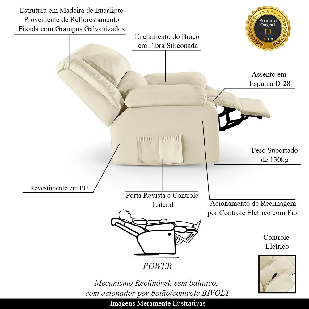 Poltrona do Papai Reclinável Melim Controle Power Elétrico PU Bege FH1 - D'Rossi