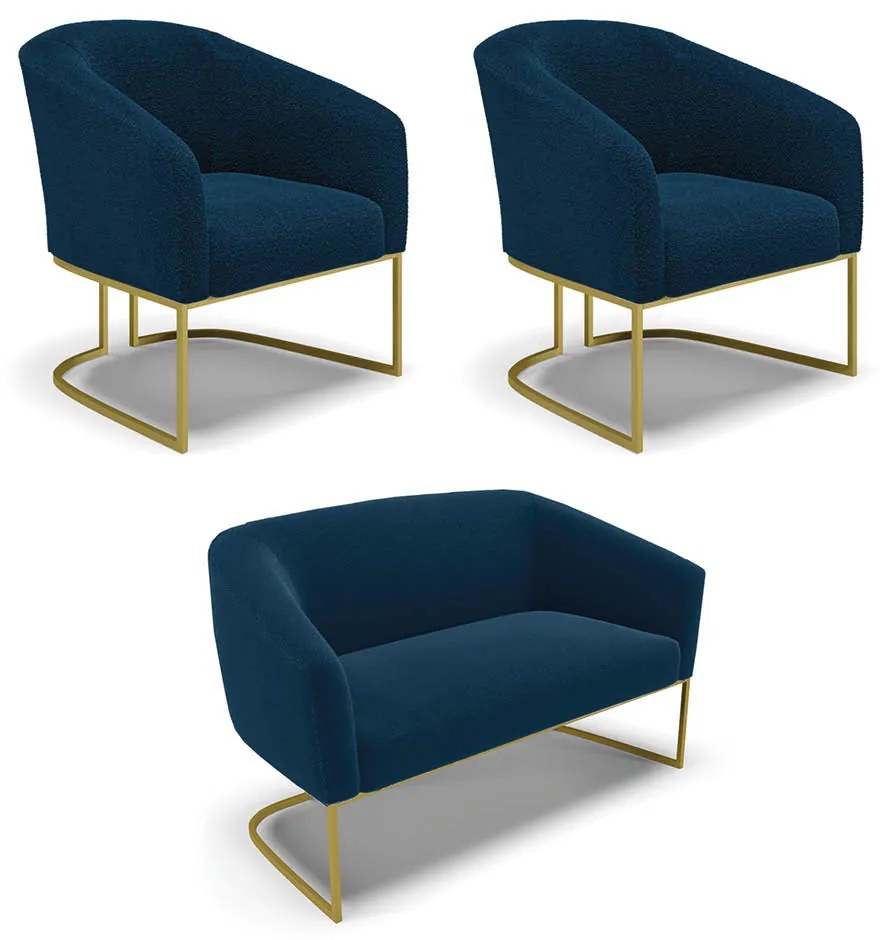 Namoradeira e 2 Poltronas Industrial Dourado Stella Bouclê D03 - D'Rossi - Azul