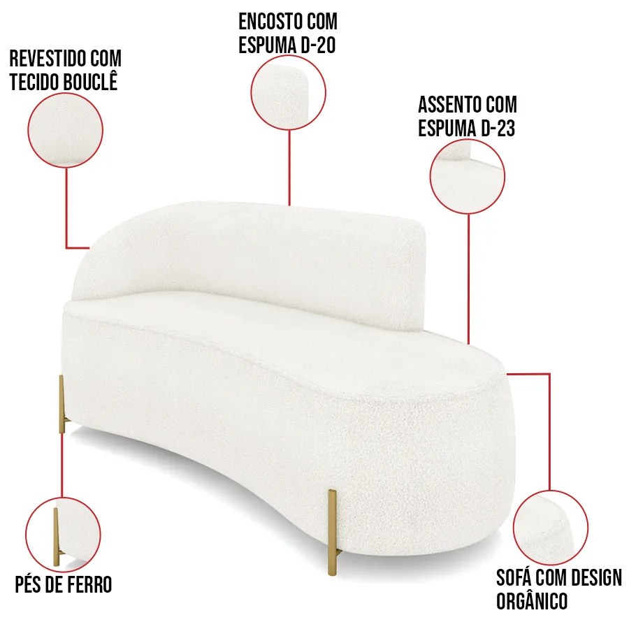 Sofá 3 Lugares Orgânico 180cm Pé Dourado Morgan Bouclê Off White D03 - D'Rossi