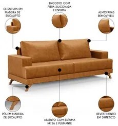 Sofá 3 Lugares 180cm Living Pés Curvos Santi D05 Sintético Whisky - Mp