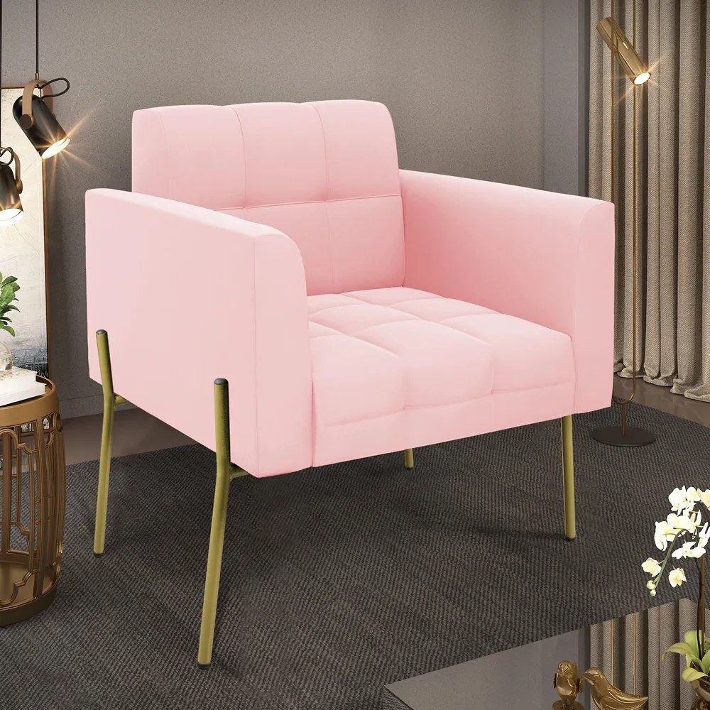 Poltrona Pé de Ferro Dourado para Sala Elisa Suede Rosa Bebê D03 - D'Rossi