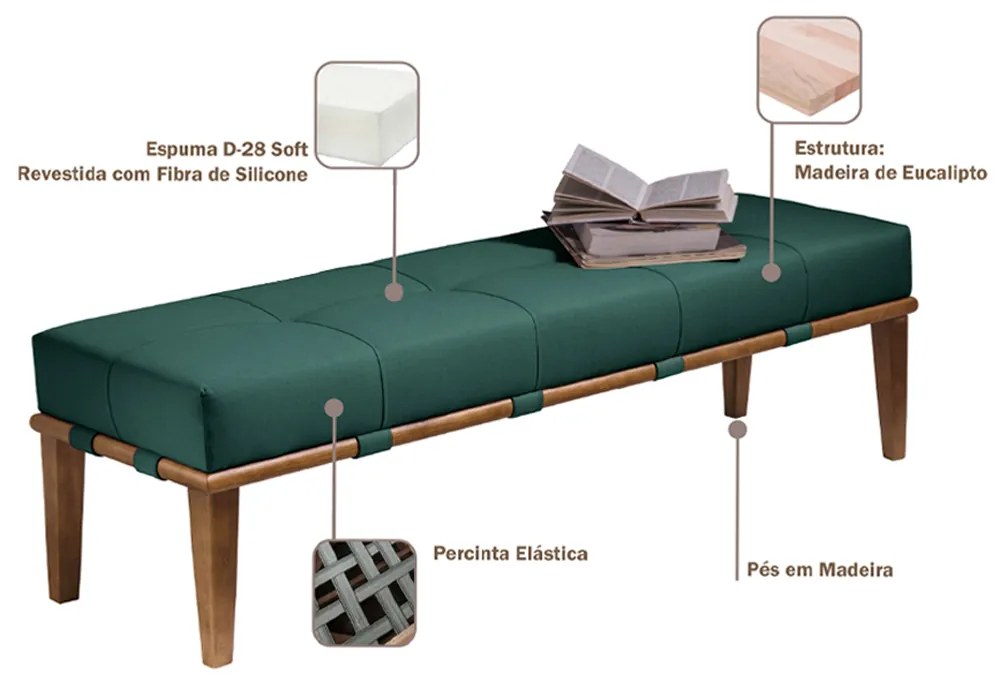 Recamier Decorativo 140cm Martínez Veludo Pés Madeira Verde/Mel G62 - Gran Belo