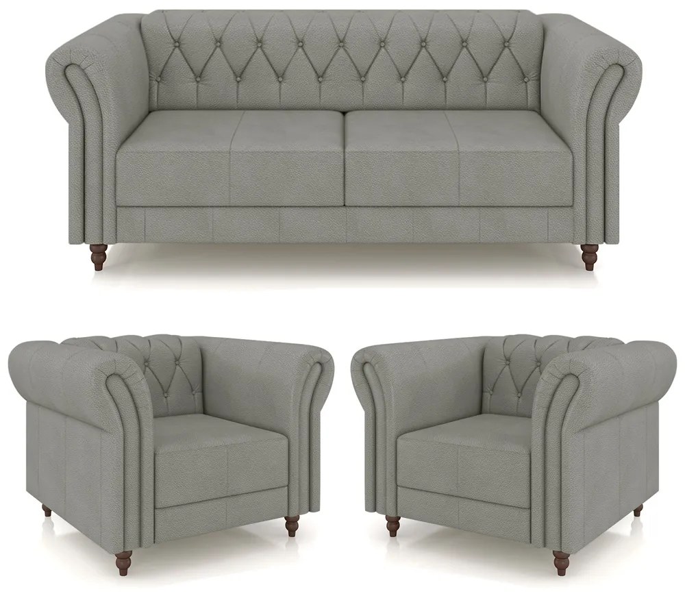 Conjunto Sala de Estar 1 Sofá Living 200cm e 2 Poltronas Stanford Chesterfield Pés Madeira Couro Cinza G58 - Gran Belo