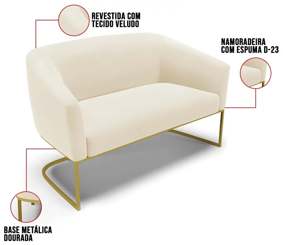 Sofá 2 Lugares Namoradeira Industrial Dourado Stella Veludo D03 - D'Rossi - Bege