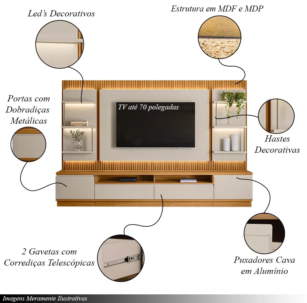 Painel e Bancada Rack Sala de Estar 297cm Madalena Modulado LED Ripado TV até 70 Tauari/Off White G77 - Gran Belo